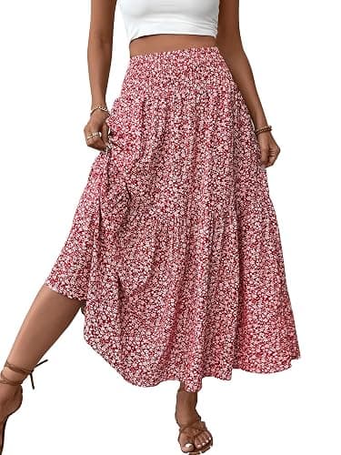 TuoGo Women's Smocked High Waist Maxi Skirt Casual Boho Long Skirts with Pockets - Image 1