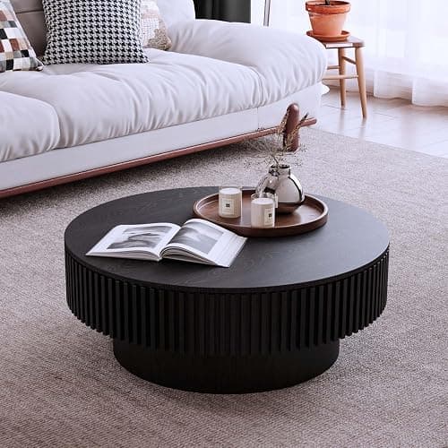 Round Coffee Table with Storage, Modern Wooden Coffee Table with Solid Wood Veneered, Circle Center Table Accent Tea Table for Living Room Apartment Small Space (31.5''L × 31.5''W × 14''H, Black) thumbnail 7
