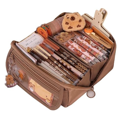 Grurun Pencil Case Pouch Box Cute Kawaii Large Capacity Aesthetic Zipper Pen Holder Organizer Bag for Kids (Z-Brown) - Image 1