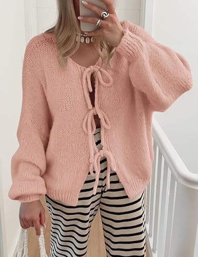PRETTYGARDEN Women's Tie Front Bow Cardigan Sweaters Chunky Knit Long Puff Sleeve Trendy Fall Winter Jacket Coats thumbnail 5