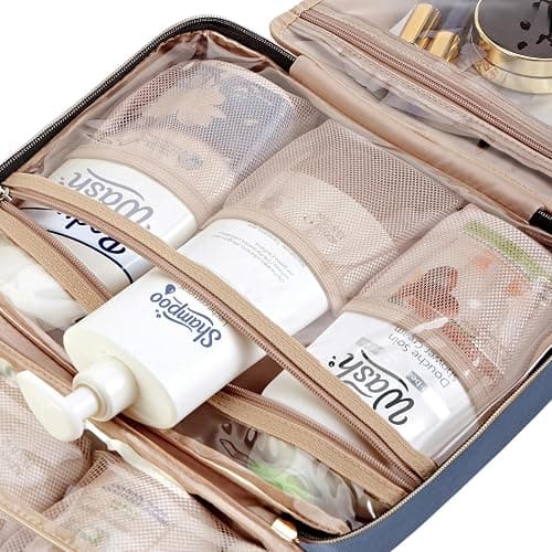 NISHEL Travel Toiletry Bag for women, Portable Hanging Organizer for Full-Sized Shampoo, Conditioner, Brushes Set, Makeup Accessories, Large Size, Aegean-Blue thumbnail 6