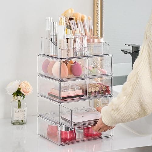 Vtopmart 5 Tier Clear Makeup Organizer with Drawer, Cosmetic Storage for Dresser Countertop and Bathroom Vanity, Beauty Holder for Lipstick Brush Skincare thumbnail 7
