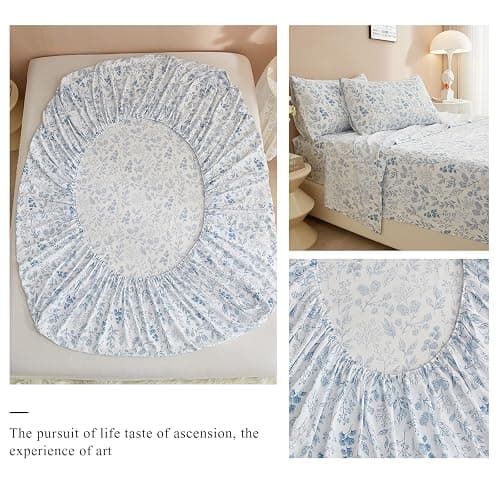 3 Piece Bed Sheets Set Twin Sheets White - Extra Soft Blue Floral Deep Pocket 16" - Luxury Soft Sheet & Pillowcase Set - Wrinkle & Shrink Resistant Cooling Sheet for Twin Size Bed thumbnail 7