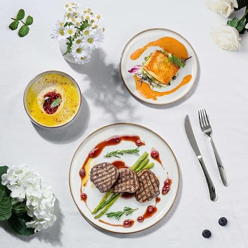 Herogo Plates and Bowls Set for 4, 12 Pieces Stoneware Dinnerware Sets, Double Reactive Glaze, Microwave & Dishwasher Safe, Scratch Resistant, Ivory White thumbnail 6