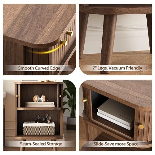 Decofy Fluted Nightstand Set of 2, Mid Century Modern Bedside Table with Charging Station, Walnut End Tables with Sliding Tambour Doors, Storage Cabinet and Open Shelf for Bedroom, Walnut thumbnail 5