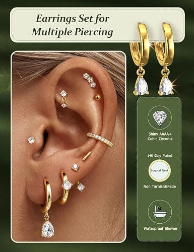 Hypoallergenic Stud Hoop Silver 14K Gold Plated Earrings Stacks - 9 Pairs Surgical Stainless Steel Earring Set for Sensitive Ears - Small Ear Piercing Flat Back Cartilage Earrings for Women Trendy Gifts thumbnail 3