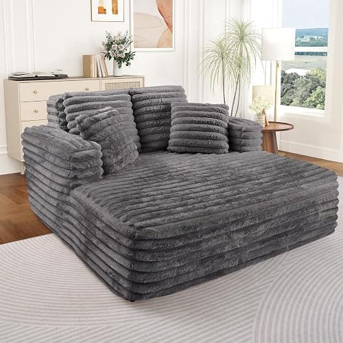 Oversized Chaise Lounge Indoor, Modern Plush Faux Fur Fabric Deep Seat Boneless Memory Foam Sleeper Chaise Lounge Sofa Chair with Pillows for Living Room Bedroom Studio, No Assembly Couch, Grey - Image 1