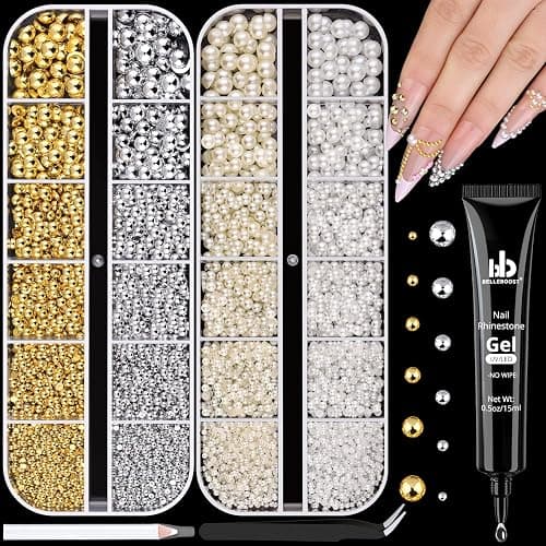 Flatback Nail Pearls Gems and Glue, Small Half Round Silver and Gold Nail Charms Beads and White Beige Pearls for Nails with Pickup Tools, Pearl Nail Charms Rhinestones for Crafting Face Manicure DIY - Image 1