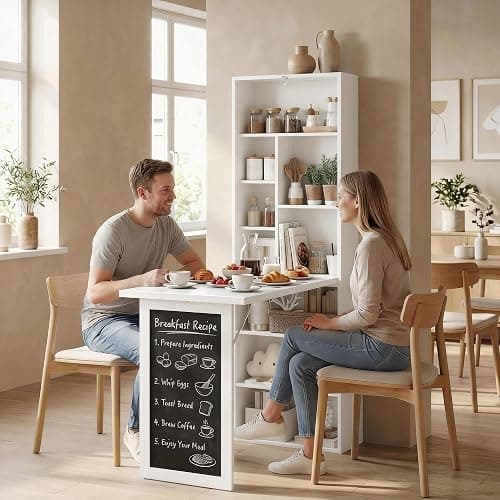 HOMCOM Foldable Convertible Writing Table, Wall Mounted Space-Saving Computer Desk with Chalkboard and Storage Shelves for Small Spaces, Home Office, Bedroom, Dorm, Apartment, White thumbnail 9