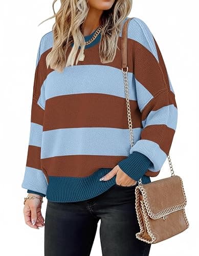 ETCYY Womens Oversized Sweaters Fall 2025 Fashion Clothes Trendy Batwing Sleeve Colorblock Striped Knit Pullover Tops - Image 1