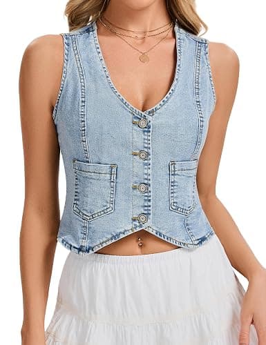 Genhoo Denim Vest Sleeveless Jean Vest Top for Women V Neck Button Down Cropped Denim Top with Pockets - Image 1