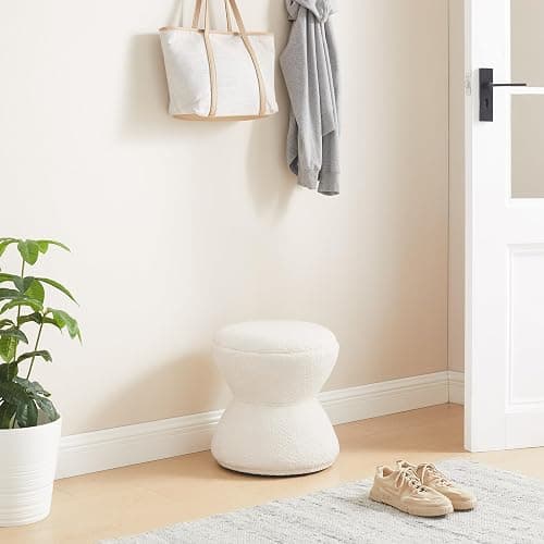 VANOMi Multi-Functional Boucle Ottoman, Vanity Stool Chair, Sturdy Rotating Wooden Footstool, Suitable for Living Room, Bedroom, and Entryway, Without Installation, Swivel, White thumbnail 7