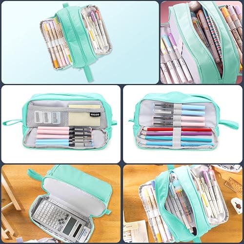 Eucomir Large Stationery Organizer with 4 Compartments - Aesthetic Pencil Case for Kids, Women, Men & Teenagers - Light Green thumbnail 6
