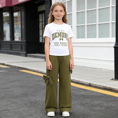 Zylvae Girls 2 Pieces Outfits Graphic Letter Print Crop Top & Bow Wide-Leg Pants Girl Clothes Set 8-13 thumbnail 3