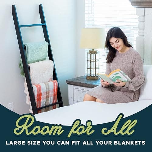 Blanket Ladder for the Living Room and Bedroom, Quilt Rack, 6-Tier, Black | 5ft 8 inch, Wall Leaning Blanket Holder, Laminate Snag Free, Rustic Decorative Farmhouse Ladder Shelf for Blankets thumbnail 7
