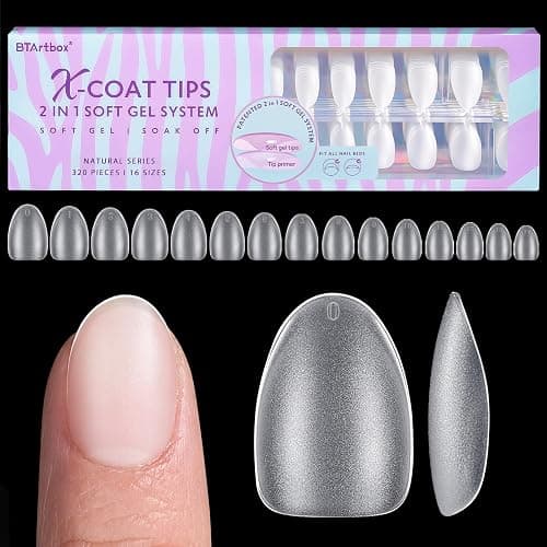 Extra Short Almond Nail Tips - BTArtbox XCOATTIPS Gel Nail Tips Natural with Tip Primer Cover, Pre-shaped Full Matte Oval Gel Press On Nails Clear Soft Fake Nails for Daily Nail Art - Image 1