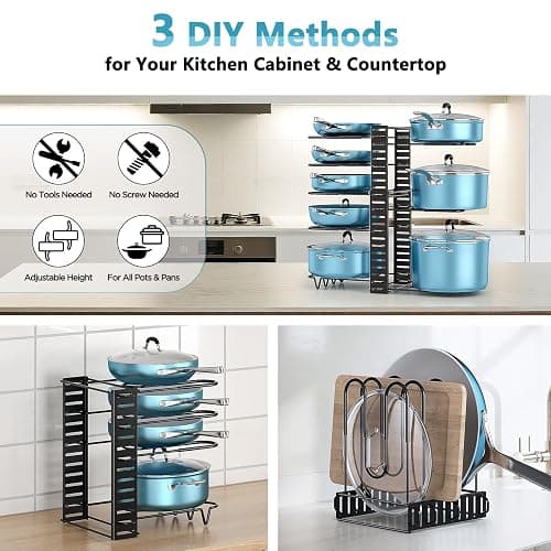 ORDORA Pots and Pans Organizer for Cabinet Expandable Height 11.65'' to 19", 8 Tier Pot Organizers Rack with 3 DIY Methods, Adjustable Pan Organizer under Cabinet Kitchen Organization and Storage thumbnail 4