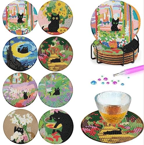 8 Pcs Black Cat Diamond Art Coasters Kits for Adults,DIY Diamond Painting Christmas Coaster Kits with Holder,Paint with Diamonds Coasters Craft Supplies for Decor Gifts - Image 1