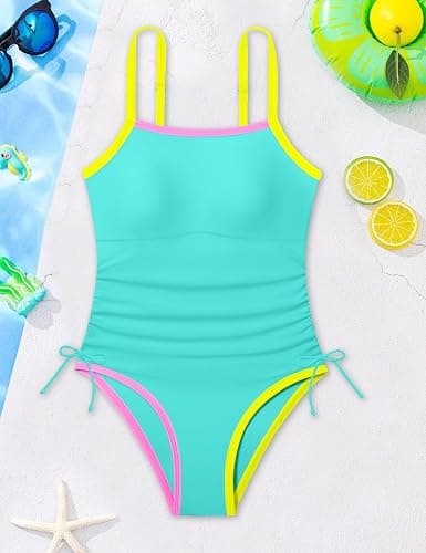 TyeSmo Girls Swimsuit One Piece Bathing Suit Color Block Strap Swimwear Drawstring Swimsuits for Teens 9-16Y with Padded thumbnail 6
