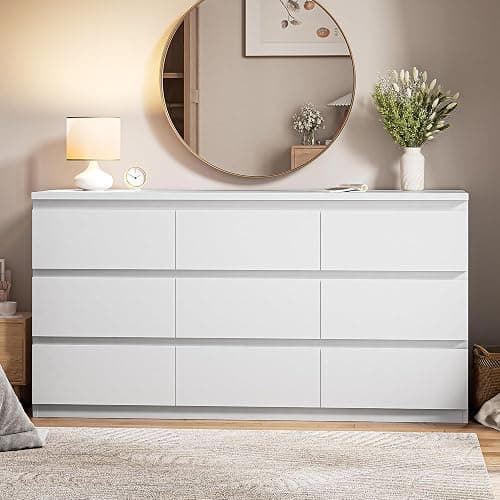 Orgobysol White 9 Drawer Dresser for Bedroom,Modern Wood Dressers & Chest of Drawers with No-Handle Design, Long Dressers for Closet Living Room,Nursery,Hallway (59.06 * 32.28 * 14.57 in) thumbnail 6