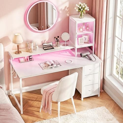 DurayLoly 47" White Computer Desk with 2 Acrylic Cabinet & 3 Fabric Drawers | Integrates Ample Storage & Display, Great Fit for Small Spaces, Outlets Suitable for Studying, Working & Gaming Equipments thumbnail 2