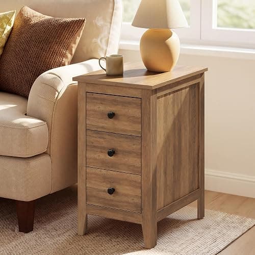 VASAGLE Side End Table with 3 Storage Drawers, Nightstand Farmhouse | Narrow Bedside Table for Living Room, Bedroom, Home Office, Honey Brown, LIRY Collection ULET132K101S - Image 1