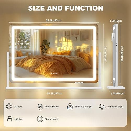 Hasipu Vanity Mirror with Lights, 35.4" x 23.6" LED Makeup Mirror, Light up Mirror with 10X Magnification and Phone Holder, USB Charging Port, Smart Touch 3 Colors Dimmable (White) thumbnail 2