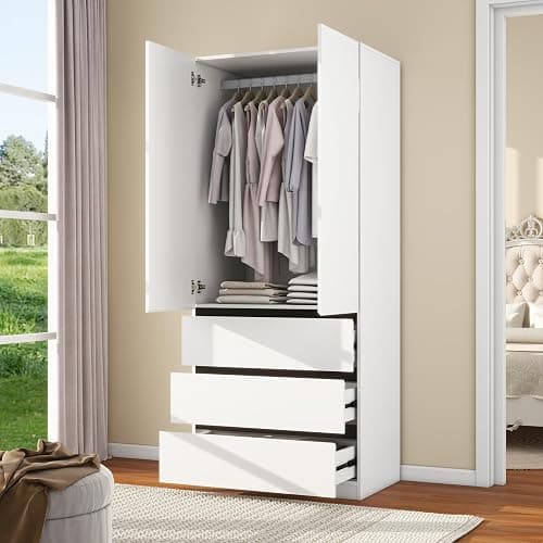 LABROSKIA Wooden Wardrobe Closet with 2 Doors: 75" Bedroom Armoire Wardrobe Closet with 3 Drawers, White Cabinet with Hanging Shelves, Large Storage Cabinet (Modern, 1) thumbnail 7