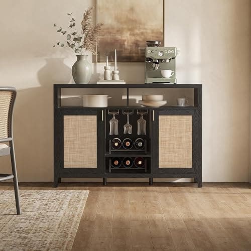 SICOTAS Rattan Coffee Bar Cabinet with Wine Racks & Metal Stemware Holders | 51" Sideboard Buffet Cabinet with Storage, Modern Liquor Cabinet Boho Credenza Buffet Table for Living Dining Room, Black Oak thumbnail 4
