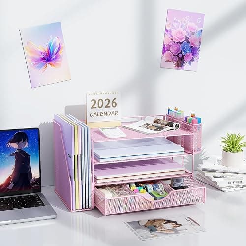 gianotter Desk Organizers and Accessories with File Holder, 4-Tier Desk Accessories & Workspace Organizers with Drawer and 2 Pen Holder, Paper Organizer for Office Supplies (Pink) thumbnail 7