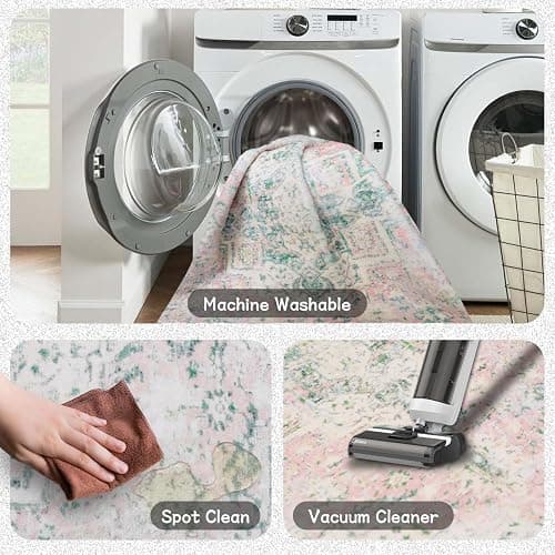 DELISEPT 5x7 Washable Area Rugs for Bedroom Girls Soft Boho Vintage Floor Carpet Non-Slip Oriental Pink Rug for Bedside Nursery Living Room Dinning Room, Light Green and Pink Rug - 5' x 7' (Rectangular) - Pink and Green thumbnail 5