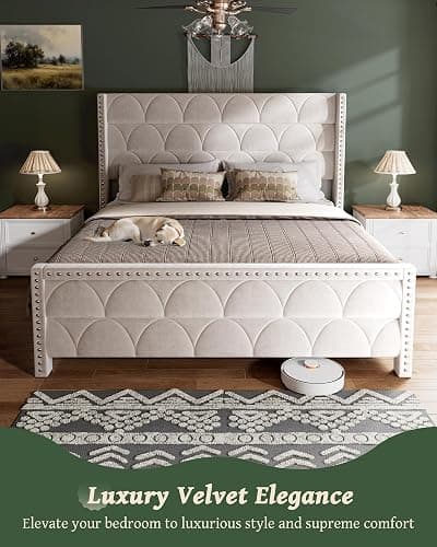 OHOHOLIVE King Size Bed Frame with 56" Headboard - Velvet Upholstered Wingback Platform Bed Frame, Noise Free, Sturdy Wooden Slat Support (Cream, King) thumbnail 4