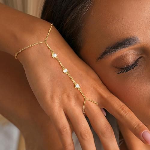 CHESKY 14K Gold Plated Hand Chain Bracelets for Women Stack Jewelry | Dainty Finger Ring Bracelet, Adjustable Hand Chains, Waterproof Beaded Gold Bracelets, Daily Body Jewelry Gift for Women thumbnail 3