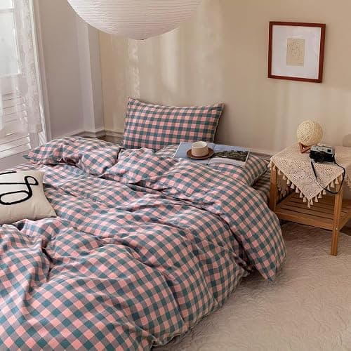mixinni Plaid Comforter Set Twin XL - 3 Piece Soft Geometric Checkered Comforter with 2 Pillow Shams, Modern Gingham Pattern Bedding Set for All Season, Breathable & Soft Cozy (Pink, Purple, Blue) thumbnail 2