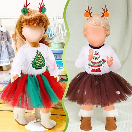 Kajaia 8 Pcs Christmas 18 Inch Doll Clothes and Accessories Dress Skirt Shoes Outfit with Santa Claus Deer Hairpin Outfit Christmas Themed Accessories for 18 Inch Doll thumbnail 5