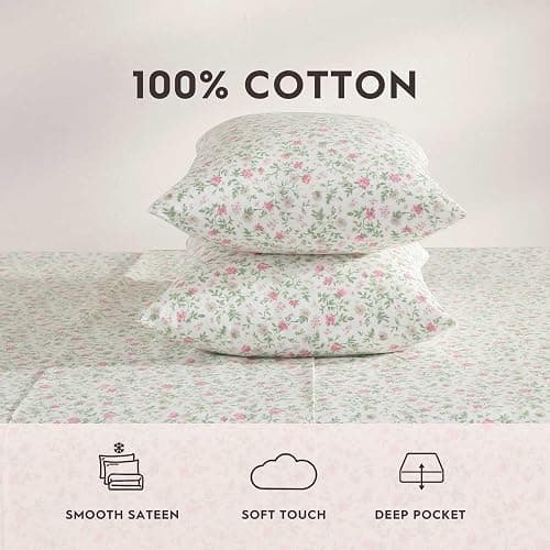Laura Ashley - Twin XL Size Sheet Set, Crisp Cotton Percale Bedding with Matching Pillowcase, Fully Elastic Fitted Sheet, Deep Pocket, Floral Room Decor, Breathable All-Season Comfort (Bonnie Pink) thumbnail 6