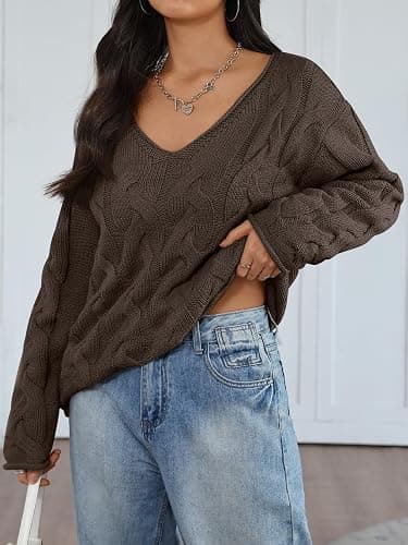 Trendy Queen Oversized Long Sleeve V Neck Cable Knit Sweaters thumbnail 3