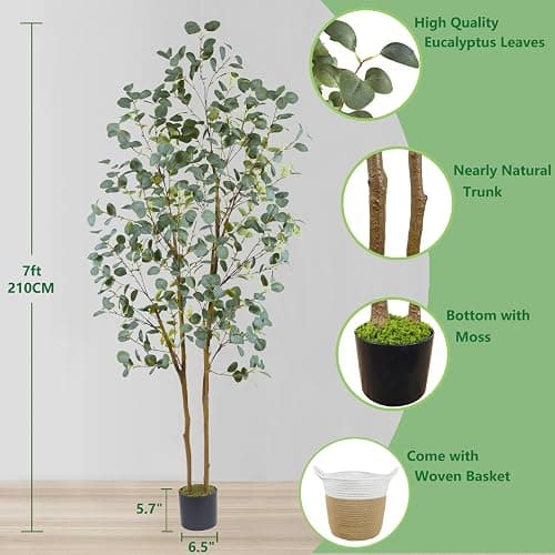 Warmplants Artificial Eucalyptus Tree, 7ft Tall Silk Leaves Fake Plant with Basket for Outdoor Indoor, 83'' Faux Eucalyptus Trees for Home Office Livingroom Floor Décor thumbnail 3