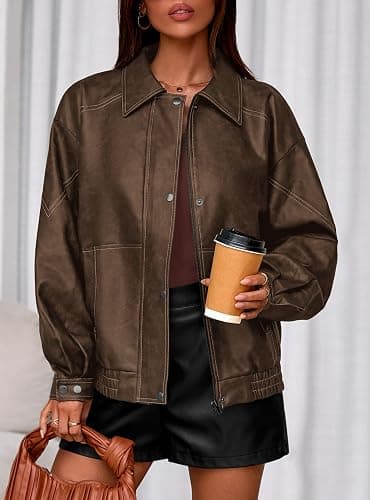 PRETTYGARDEN Faux Leather Jacket Women Bomber Motorcycle Zip Up Jackets Oversized Fall Fashion Outfits 2025 Winter Coats thumbnail 5