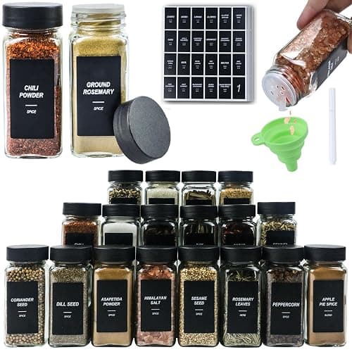 JARXSUN 24Pcs Spice Jars Containers with Labels,4oz Black Seasoning Bottles with Shaker Lids for Rack, Cabinet, Drawer,Empty Square Condiment Pots (24, Black) - Image 1