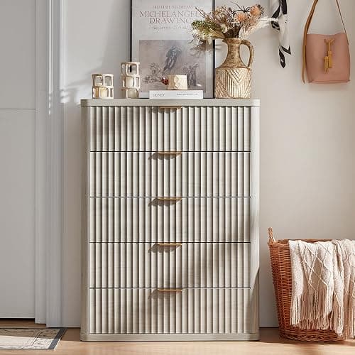 LEYAOYAO Fluted 5 Drawers Dresser for Bedroom, 41" Tall Modern Chest of Drawers with Metal Handle, Curved Profile Farmhouse Closet Organizer Wood Dressers TV Stand for Living Room, Hallway, Lightgrey thumbnail 3