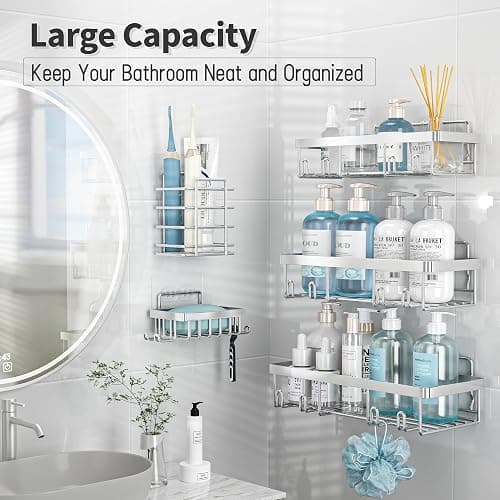 Liuoud 5 Pack Shower Caddy Organizer Rack Shelf for Inside Shower, Self Adhesive Bathroom Wall Storage Basket Rustproof Stainless Steel Large Capacity Shampoo Holder, Silver thumbnail 3