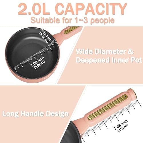 TOPWIT Hot Pot Electric, 𝟐𝐋 Electric Pot, Portable Non-Stick Portable Cooker, Sauté Pan for Steak, Egg, Fried Rice, Ramen, Soup with Dual Power Control (Silicone Spatula Included), Peach thumbnail 3