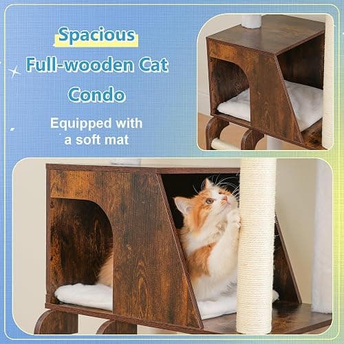 Hey-brother Wooden Cat Tree, 69.7 inch Cats Furniture Tower with Large Platforms, Hammocks, Spacious Condo, Full Sisal Scratching Posts, Ladder, Brush, Water Proof Surface, Rustic Brown MPJ121SR thumbnail 7