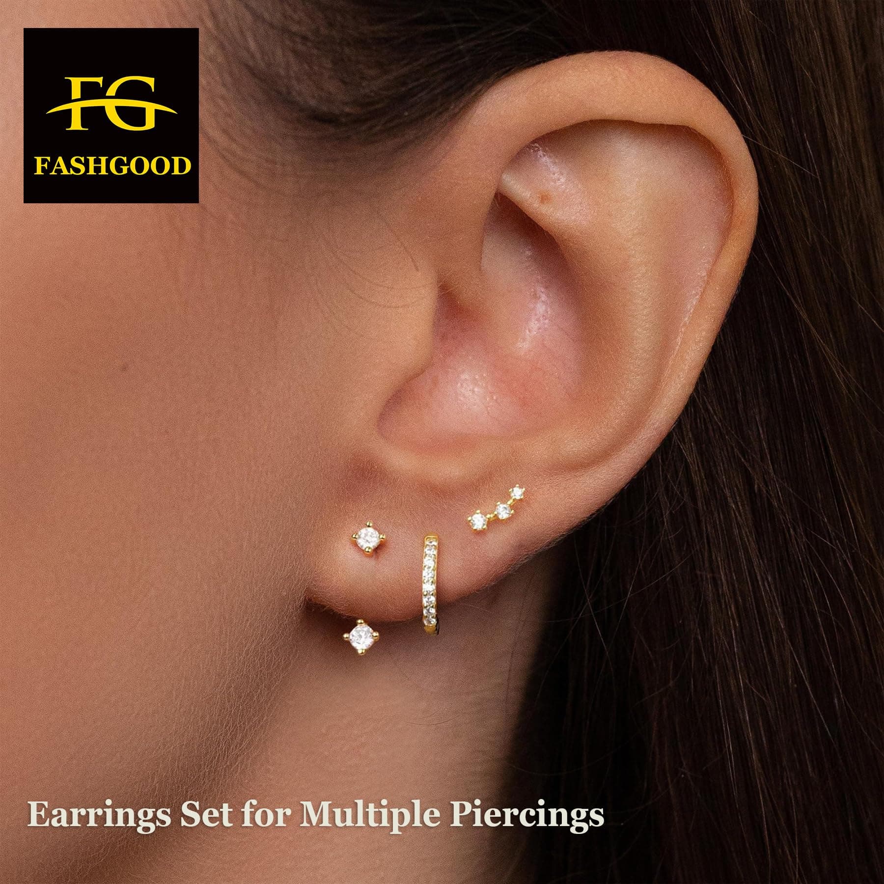 3 Pairs 14K Gold Plated Earrings Set for Women: Stud Earrings, Huggie Hoop Earrings Set for Multiple Piercings,Gold Earring Stack Hypoallergenic thumbnail 2