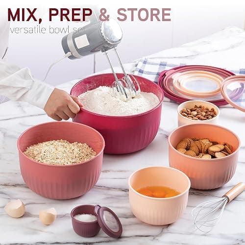 COOK WITH COLOR Prep Bowls with Lids- Wide and Deep Nesting Plastic Small Mixing Bowl Set with Lids, 12 Piece Set - Deep Bowls, Rose thumbnail 5