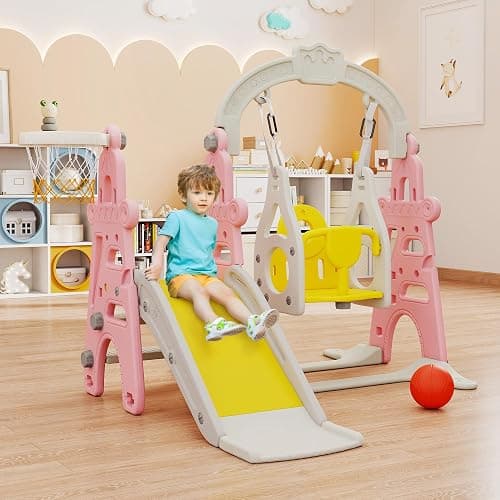 3-in-1 Kids Slide for Toddlers Slide and Swing Set,Indoor Playground for Children,Freestanding Outdoor Slides with Basketball Hoop,Outside Climber Playhouses,Baby Climbing Toys thumbnail 2