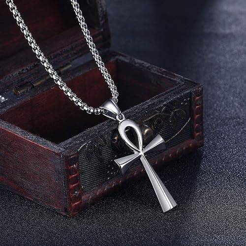 Ancient Egyptian Coptic Ankh Cross Pendant Necklace for Women Men 24" Chain | Ankh Cross Pendant 24 Inch Stainless Steel Chain Colour:Black Gold Silver thumbnail 2