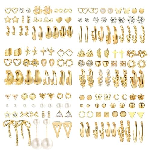 82 Pairs Gold Earrings for Women Trendy, Pearl Bow Small Hoop Stud Earrings Pack, Earring Set Multiple Piercing for Birthday Party Gift - Image 1