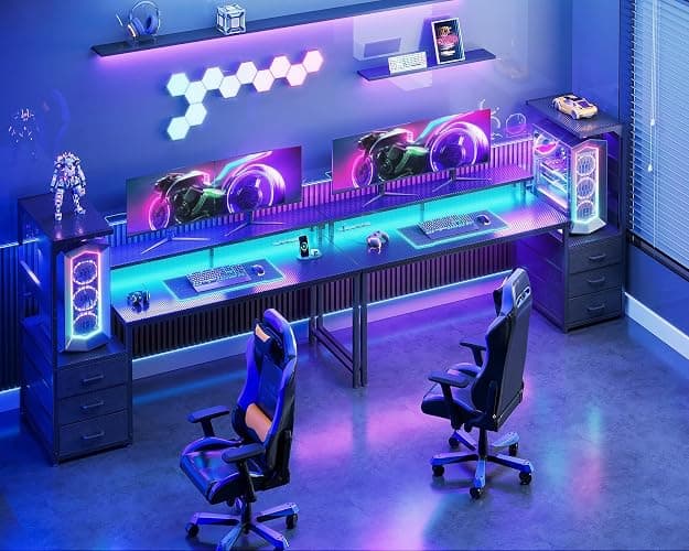 Casaottima 52 Inch Gaming Desk with USB Charging Ports & LED Light - Reversible Computer Desk with 3 Fabric Drawers, Monitor Stand, CPU Stand, Modern Office Desk, Black thumbnail 7